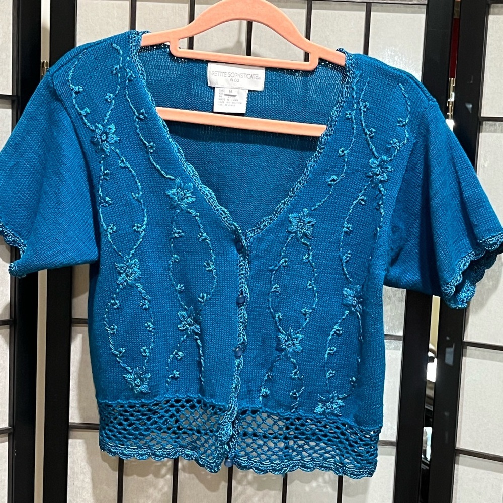 PETITE SOPHISTICATE & CO Teal Embroidered Crochet Hem Knit Cardigan SIZE 14P